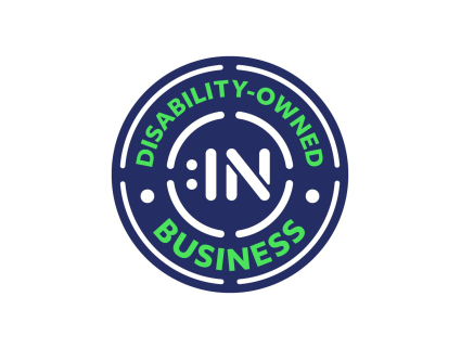 Disability-Owned Business circular certification badge with text shown in circular orientation and with Disability:IN icon logo in center.